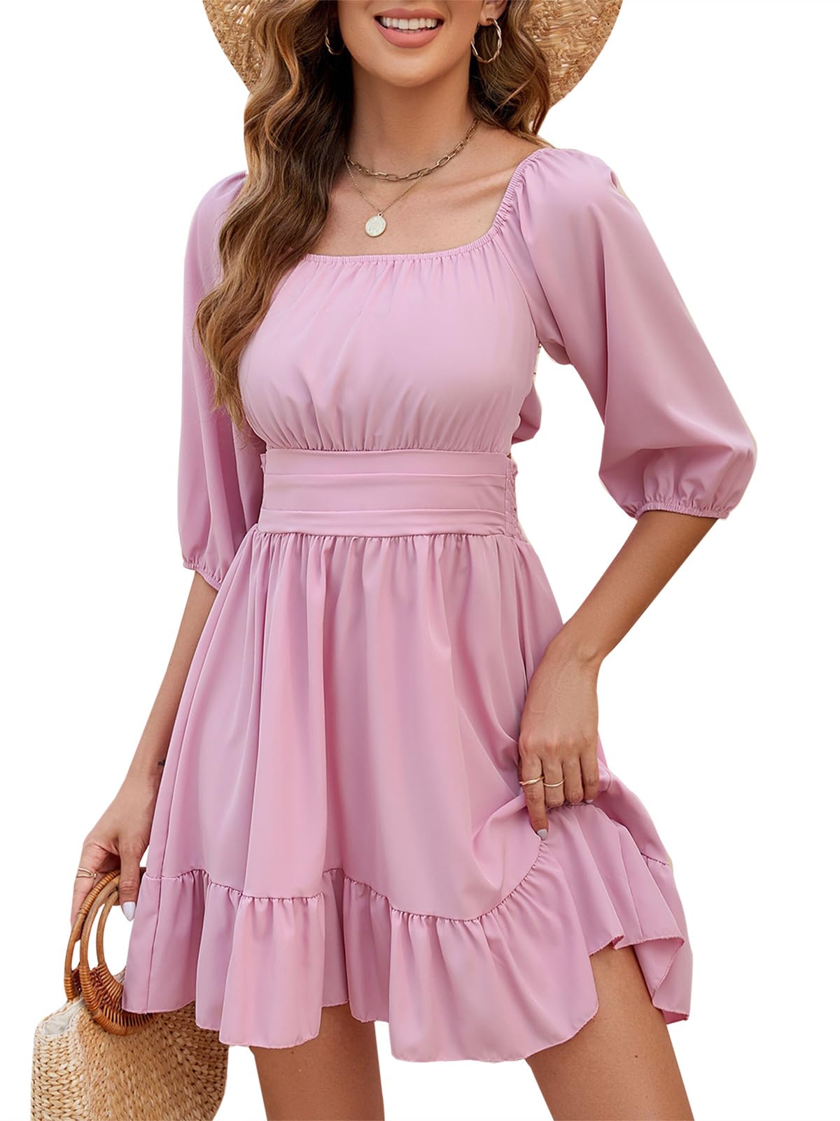 Zetieny Vestido Mujer A-Line Casual Túnica Vestido de Playa de Color Liso Elegante Vestido Corto Manga Farol Cuello Cuadrado