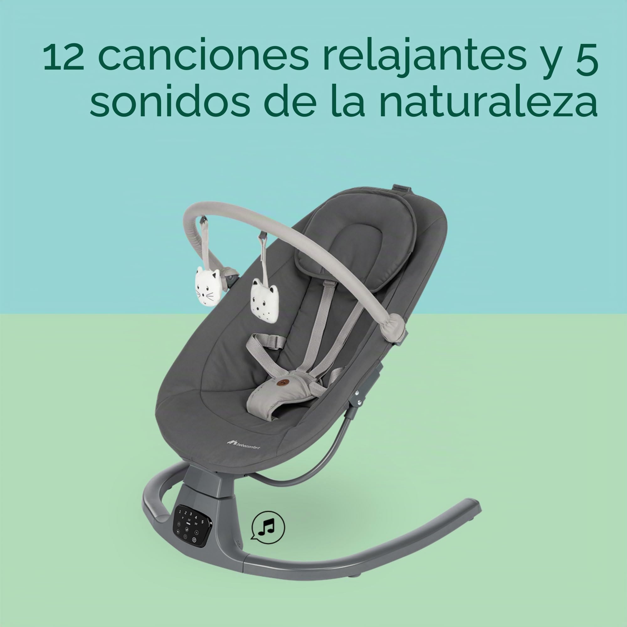 Bebeconfort Jolana - Columpio eléctrico para bebé, 0-6 meses (9 kg), detección automática de movimiento, 12 canciones de hollín, 5 sonidos naturales, respaldo ajustable, 2 posiciones reclinables