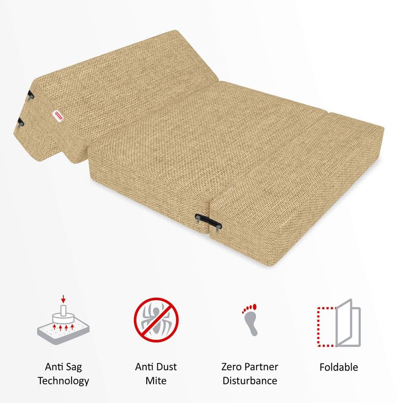 Image of Coirfit 3 Seater Folding Sofa Cum Bed - Jute Fabric Washable Cover with Free Cushions, Beige - 5' x 6 Feet
