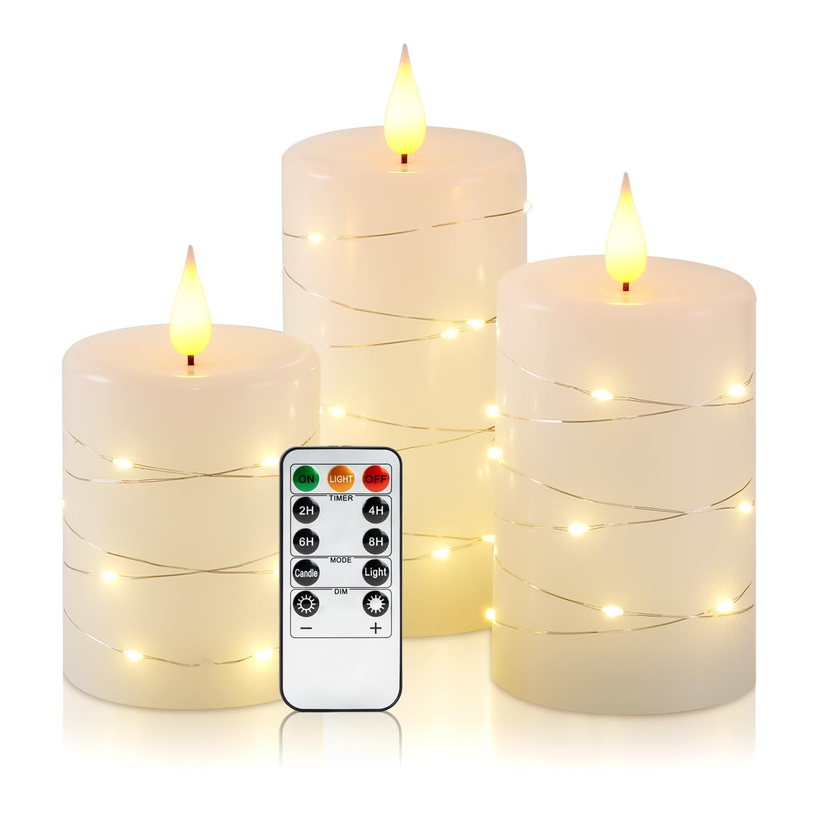 Homemory Ivory Real Wax Flameless Candles with String Lights, Set of 3