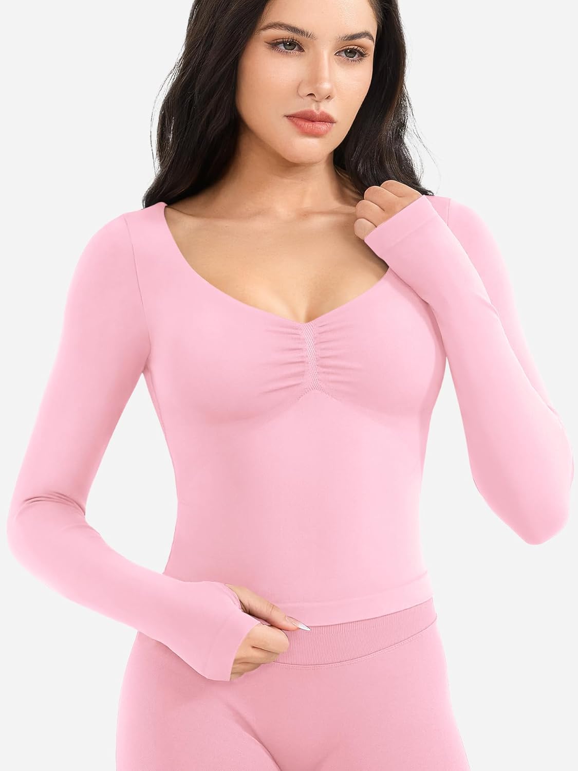 YEOREO Long Sleeve Workout Tops for Women Padded Deep V Neck Double Lined Impact Tops Agniee Slim Fit Gym Athletic Shirts - Image 3