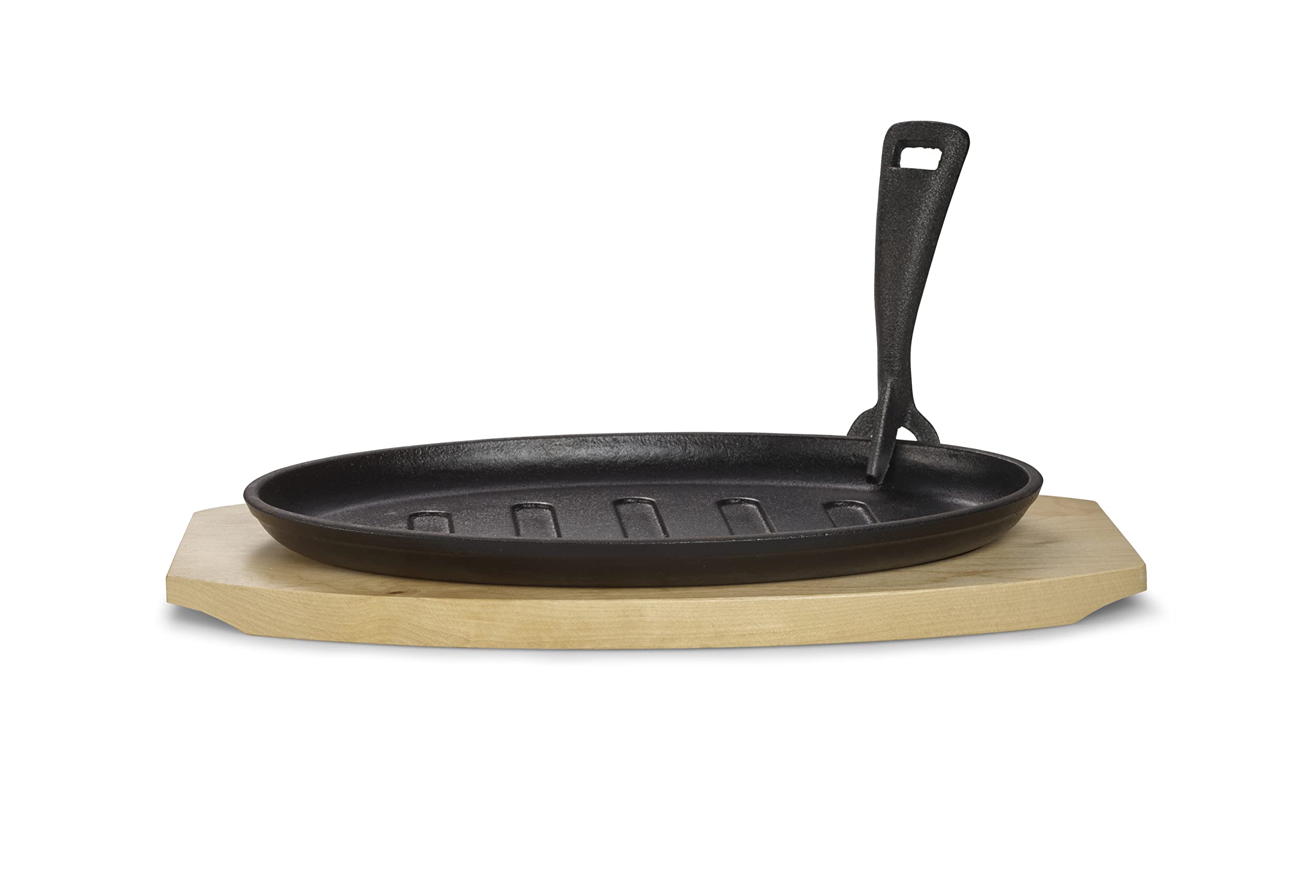 ECHTWERK Sartén para servir de hierro fundido con tiras de parrilla y tabla de servir, mango extraíble, ya horneado, apto para horno, barbacoa, barbacoa e inducción, 27 x 17,5 cm de diámetro, 4 piezas
