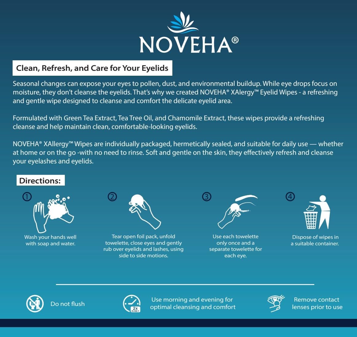 NOVEHA Lot de 180 lingettes anti-allergies | Tampons de nettoyage pour les yeux pré-humidifiés et hypoallergéniques, réduisent les démangeaisons, les rougeurs et l'inconfort causés par les allergies