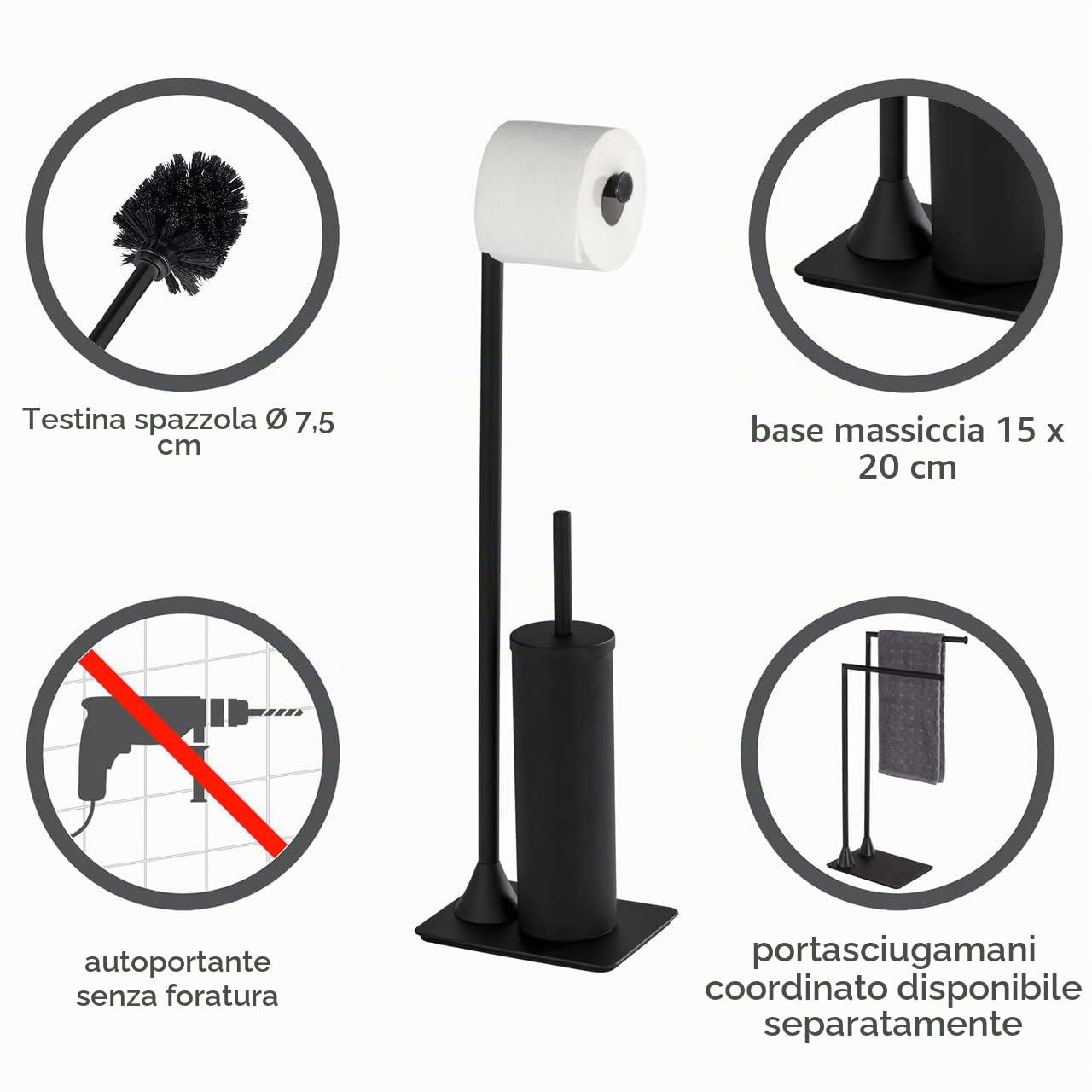 WENKO Colonnina con portarotolo e scopino WC Hella - Portascopino WC con portarotolo, Acciaio, 15 x 69 x 20 cm, Nero