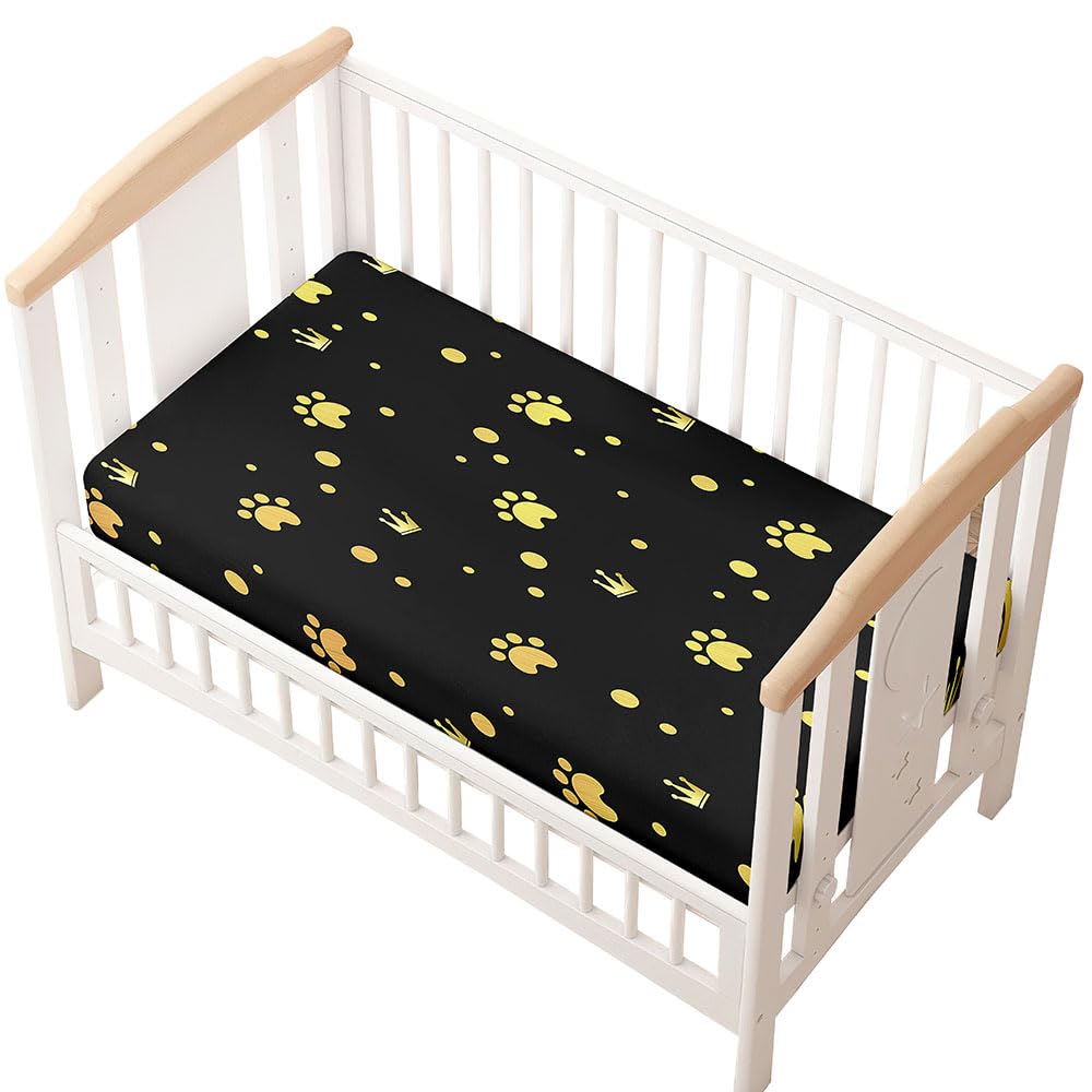 Odot Cot Bed Sheets, Animal footprints Print Bedside Cribs Fitted Sheets, Baby Bed Sheets Microfiber Cot Bed Mattress Protector, Bassinet Sheets, Easy Care Soft and Dureable (Black yellow,70x140 cm)