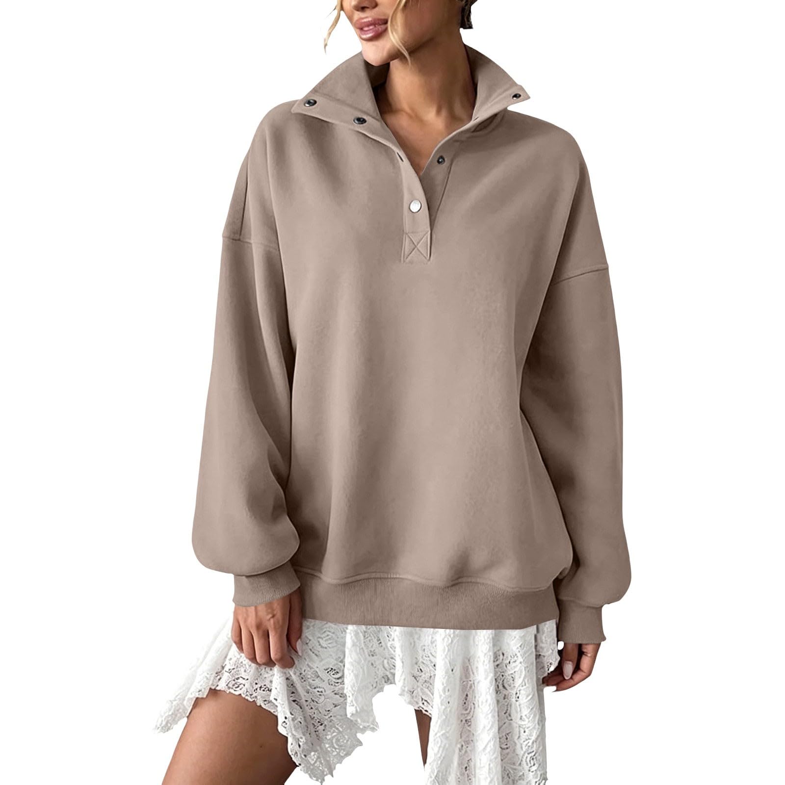 Generico Sudaderas Mujer Sin Capucha Cuello Alto con Botones Manga Larga | Sudadera lisa elegante y ligera, suave y cómoda, ajuste holgado, para llevar todos los días