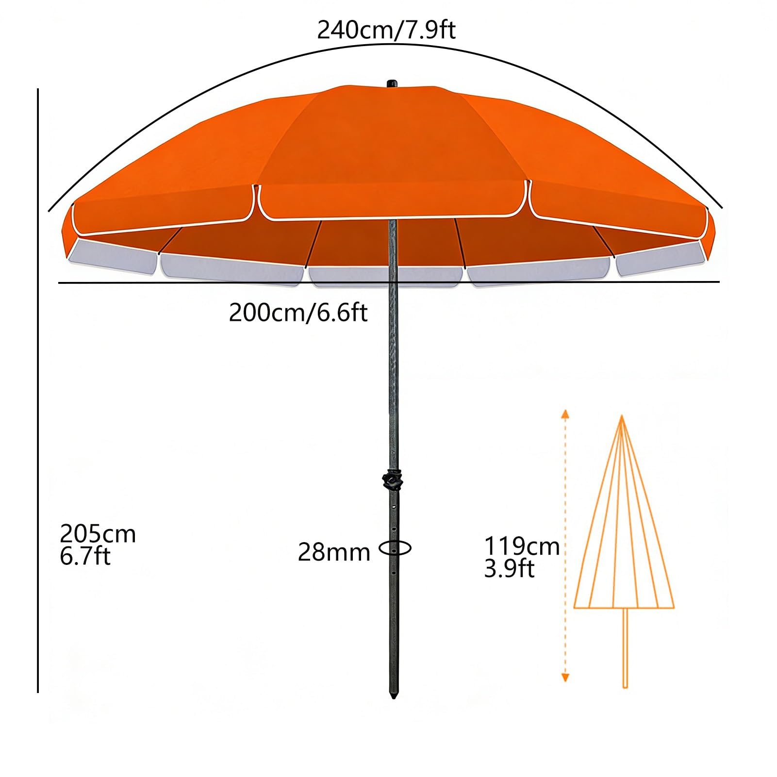 Ombrellone da spiaggia portatile arancione da 2,4 m con protezione UPF 50+, antivento, per giardino esterno, con copertura rotonda in poliestere.