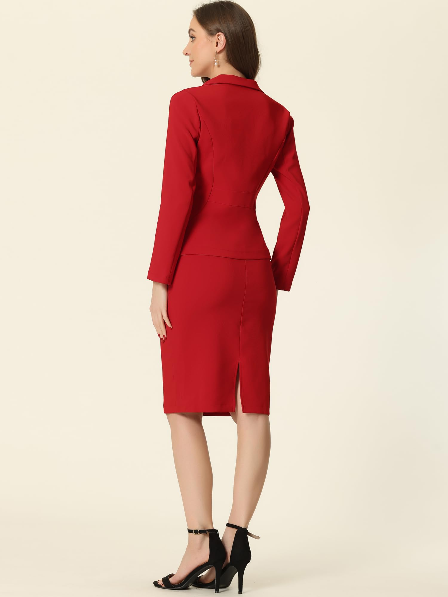 Allegra K Ensemble 2 Pièces Femme Blazer Col Revers Cranté et Manches Longues avec Jupe Midi Crayon