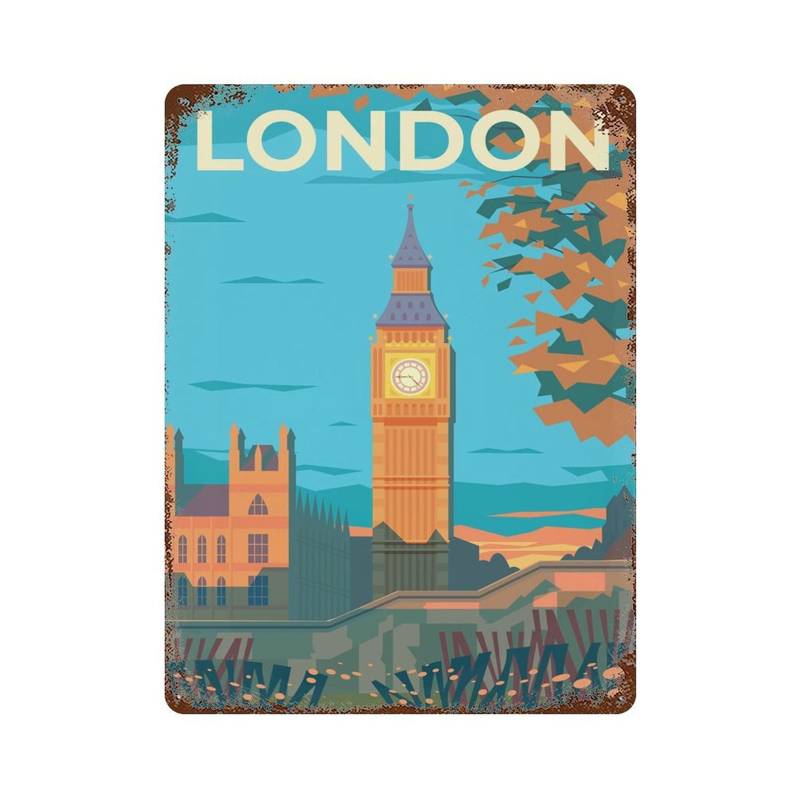 London Rusty Metal Tin Sign 15.7"x11.8", for Living Room, Hallway And Home Decor, Old School Wall Decor