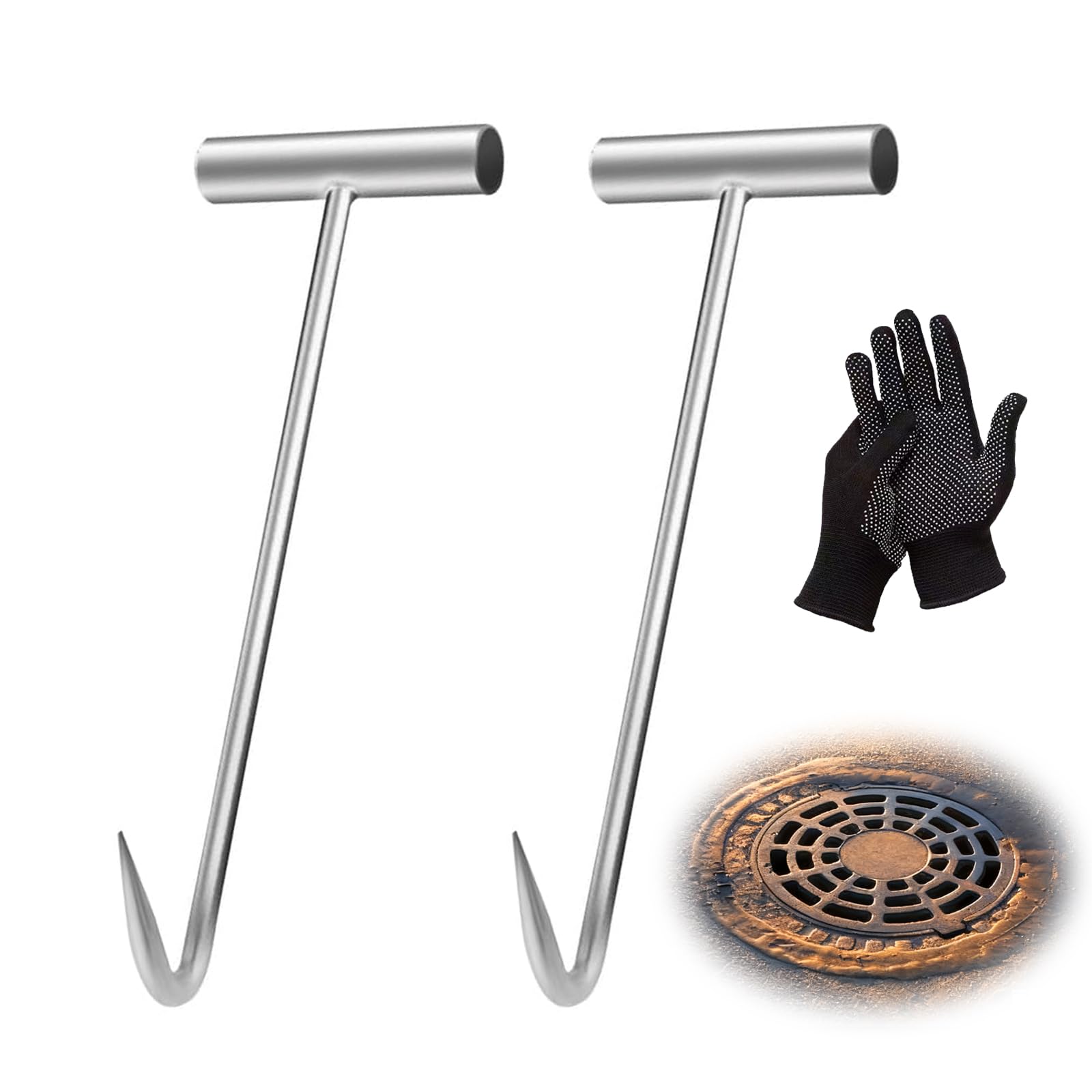 2 Stück Kanaldeckelheber mit 1 Paar Handschuhen, 30CM Schachthaken Kanaldeckelhaken, T Schachtdeckelheber Gullideckel Haken Fleischhaken, Tragbar Haken Hebewerkzeug für Fleisch Aufhängen