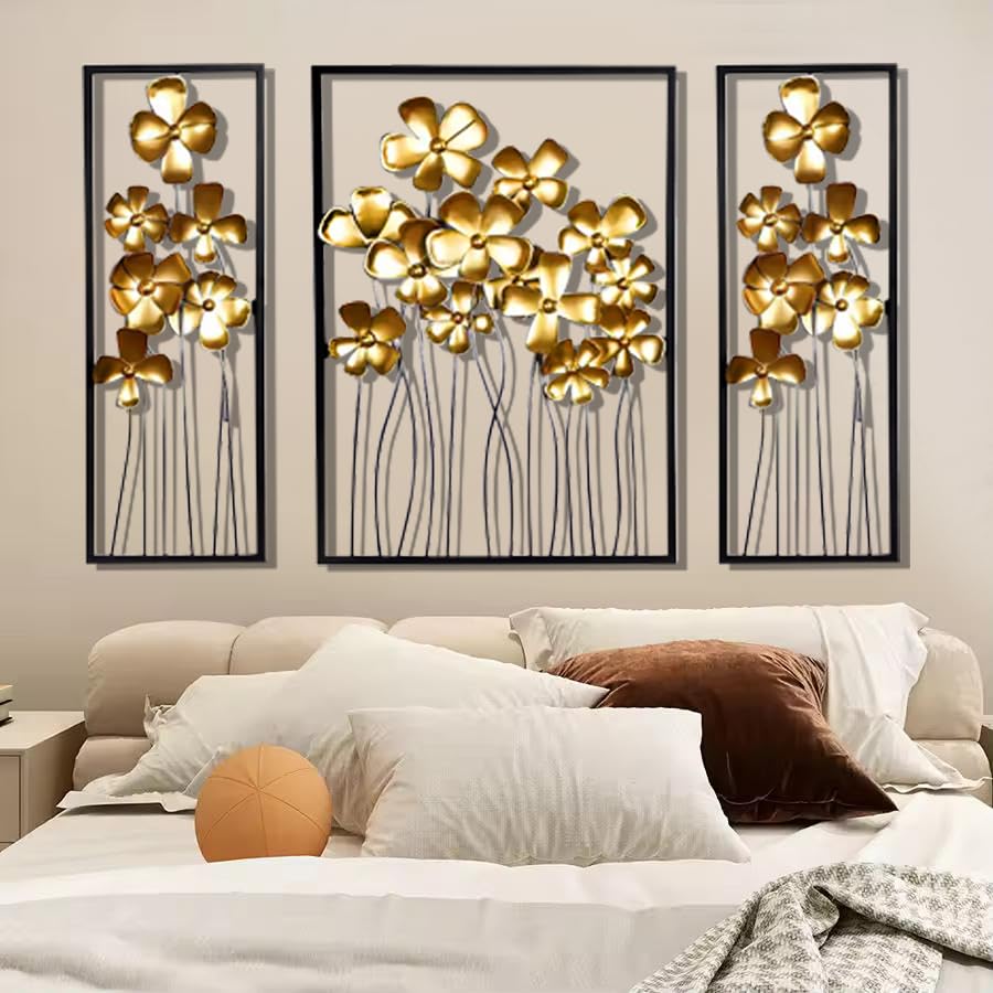 Image of ZOVE Creative Wall Decoration - Set of 3 Metal Lilac Gold Flower Wall Hanging | luxury Metal Wall Sculpture for Entrance, Bedroom, Corridor (Gold, 57 X 32 Inch)
