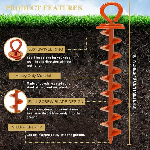 Image of Eurmax USA 2-Pack Heavy Duty Dog Tie Out Stake, No-Tangle In Ground Anchor Runner for Large Dogs up to 210 Lbs - Perfect for Yard, Beach and Camping (Large,Orange)