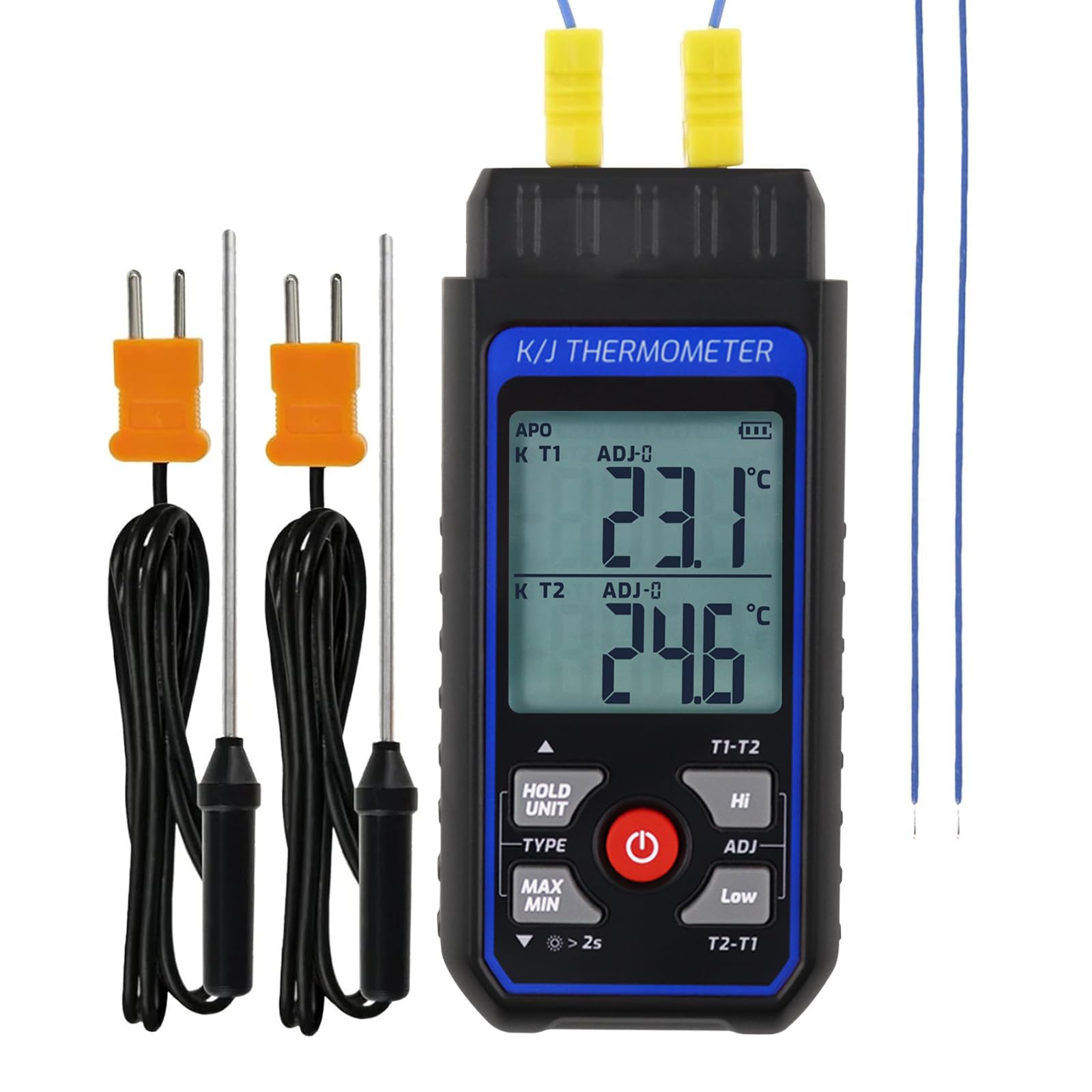 Termometro a termocoppia digitale a doppio canale K/J tipo termometro con 4 termocoppie di tipo K, intervallo di misurazione -328 ~ 2000 ° F Misuratore di temperatura Termometro HVAC con allarme e
