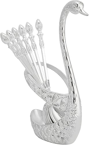 Kit de cuchara de café con soporte en forma de cisne de aleación de zinc y 6 cucharas de café de acero inoxidable, juego de cucharas de comida para
