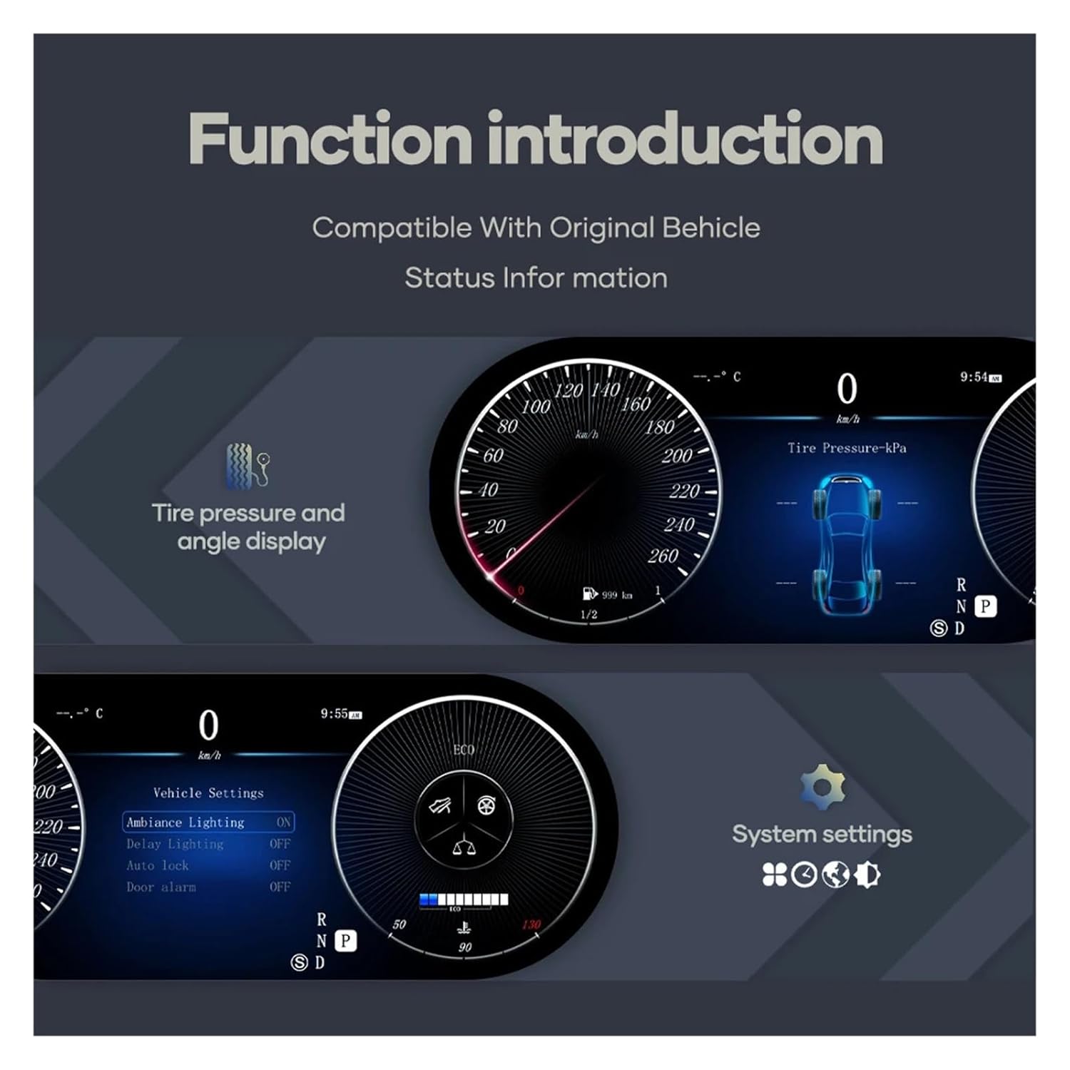 Digital dashboard showing tire pressure and angle display, and system settings menu.