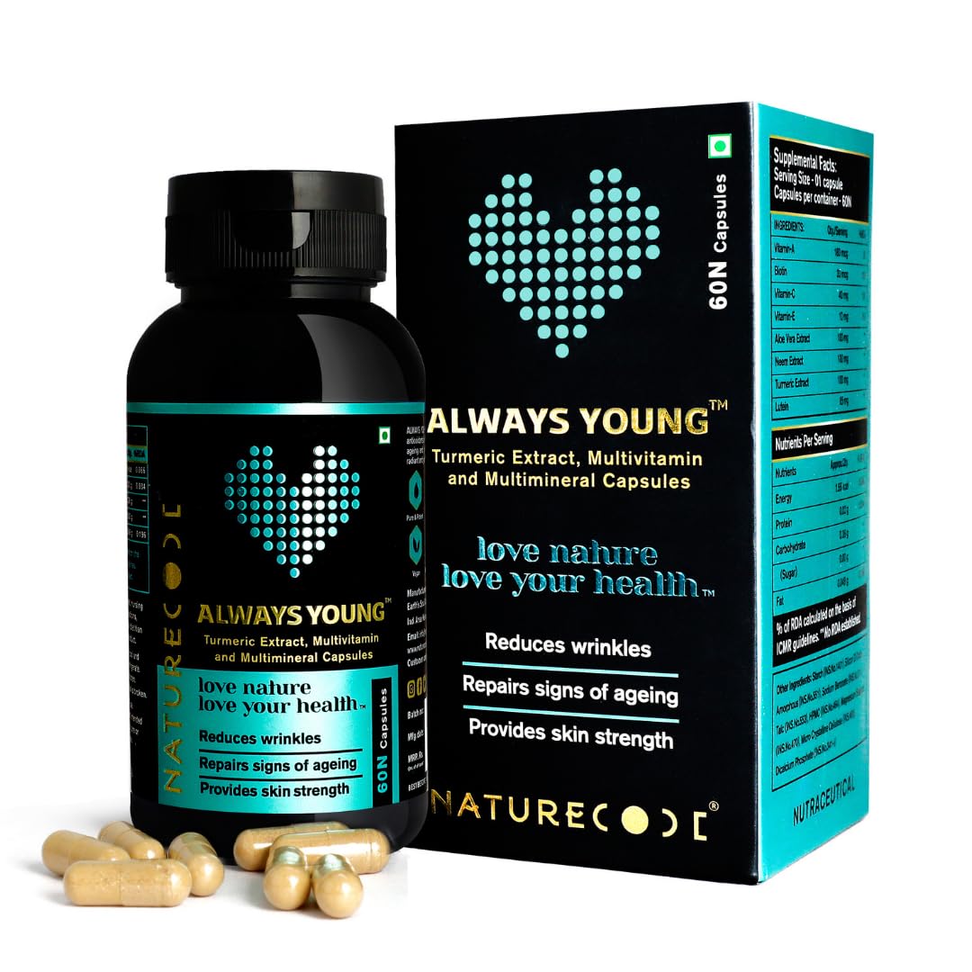Always Young Capsules - Anti-Aging Supplement for Healthy Skin, Wrinkle Reduction, Glowing Complexion with Vitamin A, C, E, Biotin & Natural Herbal Extracts - 60 Veg Capsules