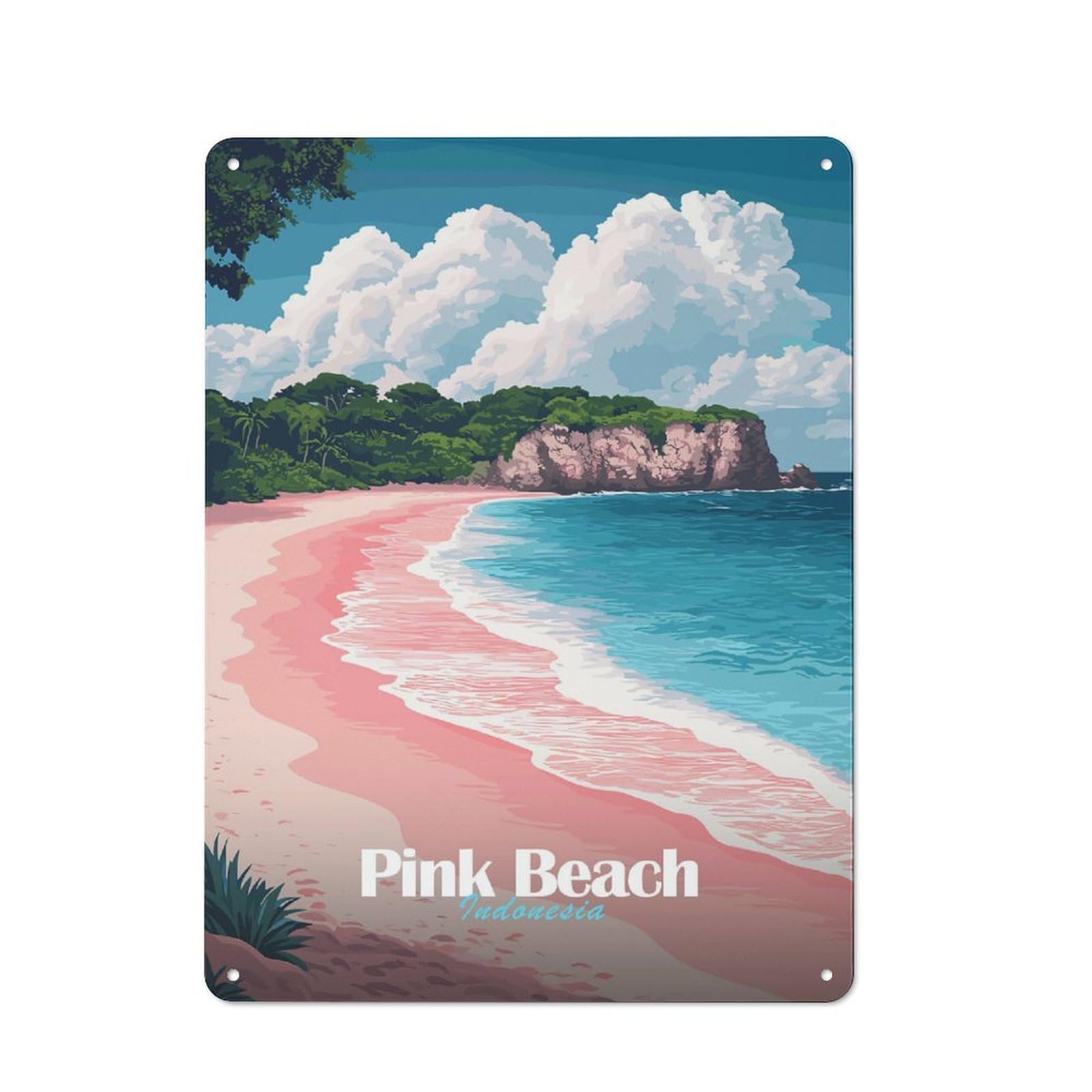 Junmoney Style-22 For Hobby Room Or Studio, Pink Beach Indonesia Retro Metal Sign 40X30cm, A Decorative Gift For A Newly Furnished Hobby Room And Studio