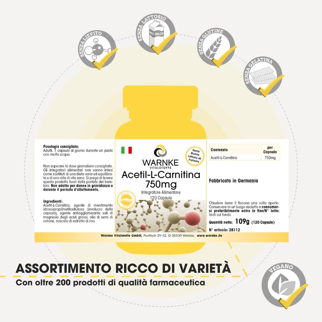Acetil-L-Carnitina 750mg - 120 Capsule - altamente dosato - vegano | Warnke Vitalstoffe - Qualità da farmacia tedesca