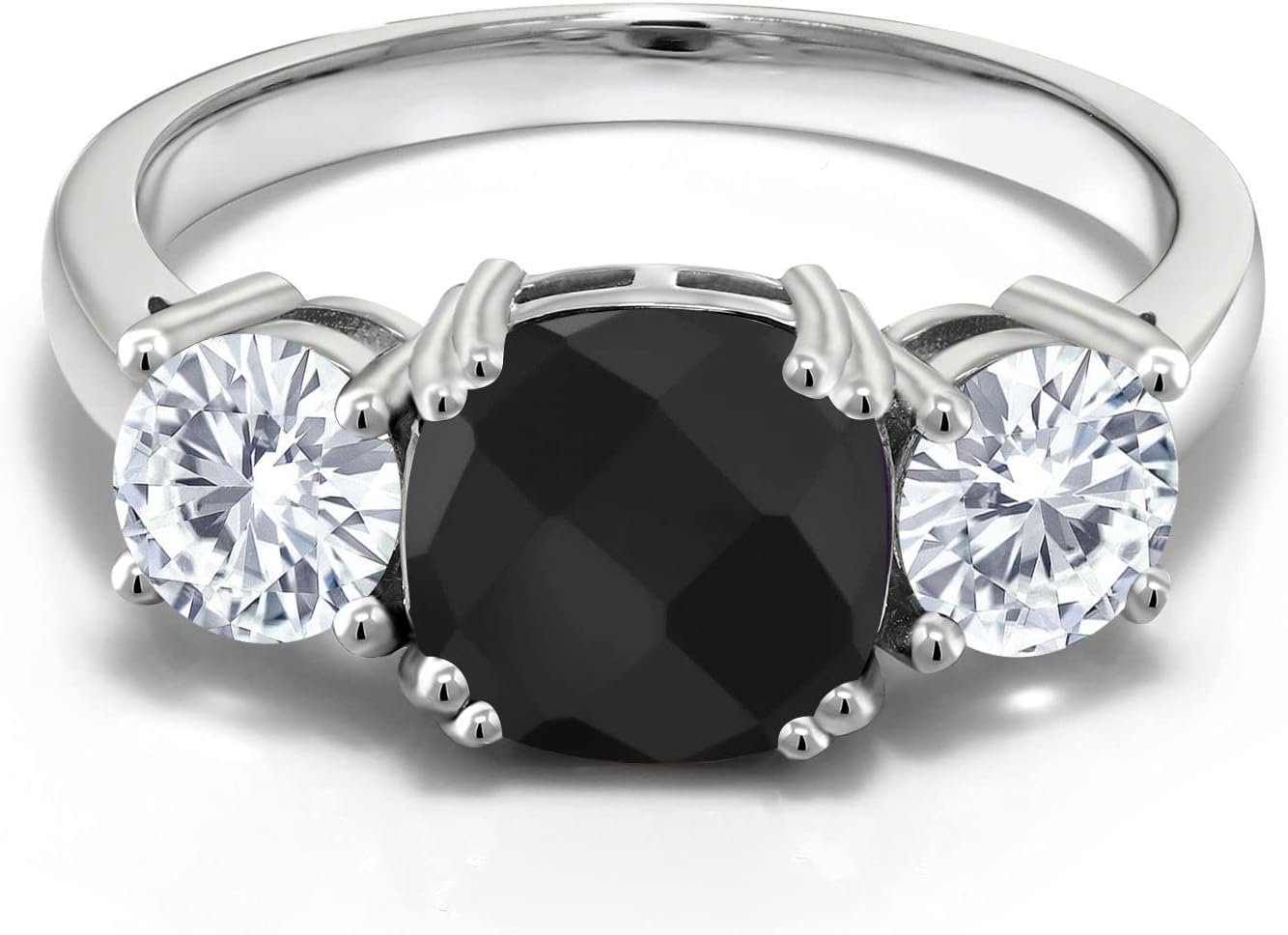 Gem Stone King 3.11 Cttw Black Onyx and White Moissanite 3-Stone Engagement Ring For Women | 925 Sterling Silver | Cushion 8MM | 3 Stone Wedding Engagement Anniversary Promise Ring