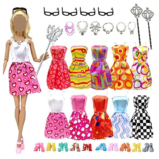 AMETUS 32 PCS Doll Accessories, 10x Mix Cute Dresses, 10x Shoes, 4X Glasses, 6X Necklaces, 2X Fairy Sticks Dress Clothes for Barbie Doll