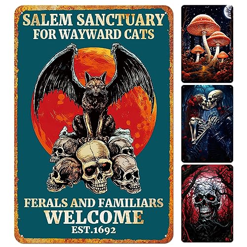 Yoya MTS02 4 Pcs Vintage Tin Signs Black Cat Halloween Decor Salem Sanctuary For Wayward Cats Ferals And Familiars Welcome Retro Skeleton Mushroom Metal Signs Home Wall Art Decor Metal Tin Sign Skull Poster cover