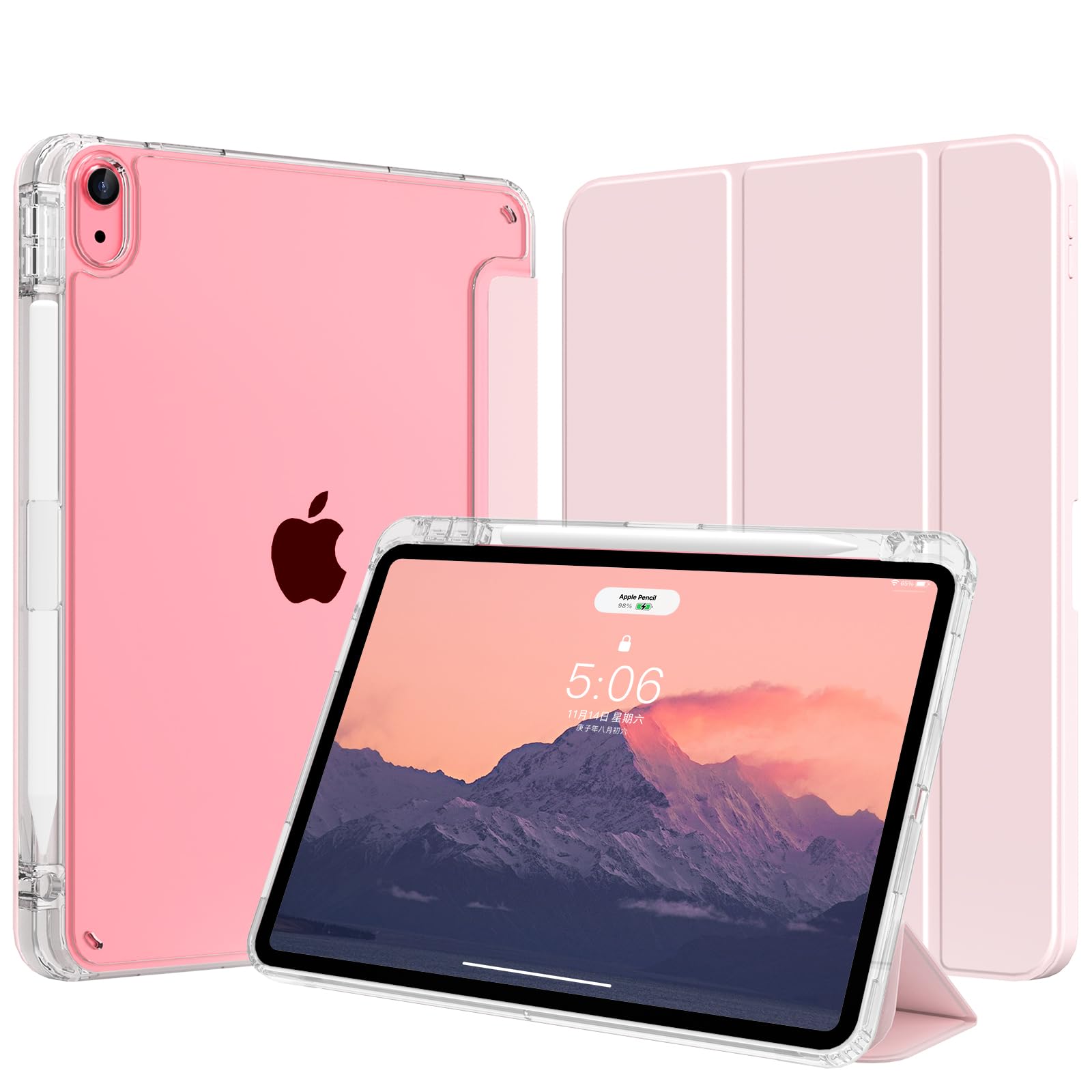 SZPSGC Hülle für iPad (A16) 11. Generation 11 Zoll 2025, iPad 10. Generation 10,9 Zoll 2022 mit Stifthalter, Schlank Leicht Trifold Schutzhülle mit Hart PC Transluzenter Rückseite, Rosa