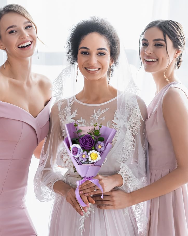 Omldggr Crochet Flowers Bouquet, Knitted Rose Daisy Bouquet with Exquisite Purple Wrap Eternal Blessing for Mom Gift, Christmas Valentine's Day Birthday Wedding for Her - Image 9