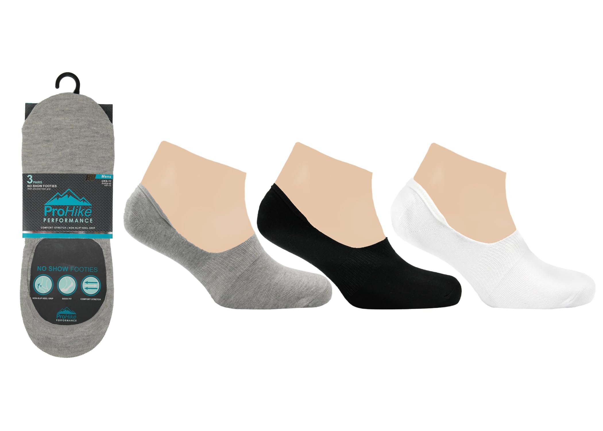 Prohike Men's Black/White/Grey 6 Pairs ’S Invisible Socks – No Show Footies With Non-Slip Heel Grip – Low Cut For Casual Shoes, Loafers & Gymwear – Uk 6-11 (Eur 39-46) (Uk, Alpha, One Size, Regular, Regular, )