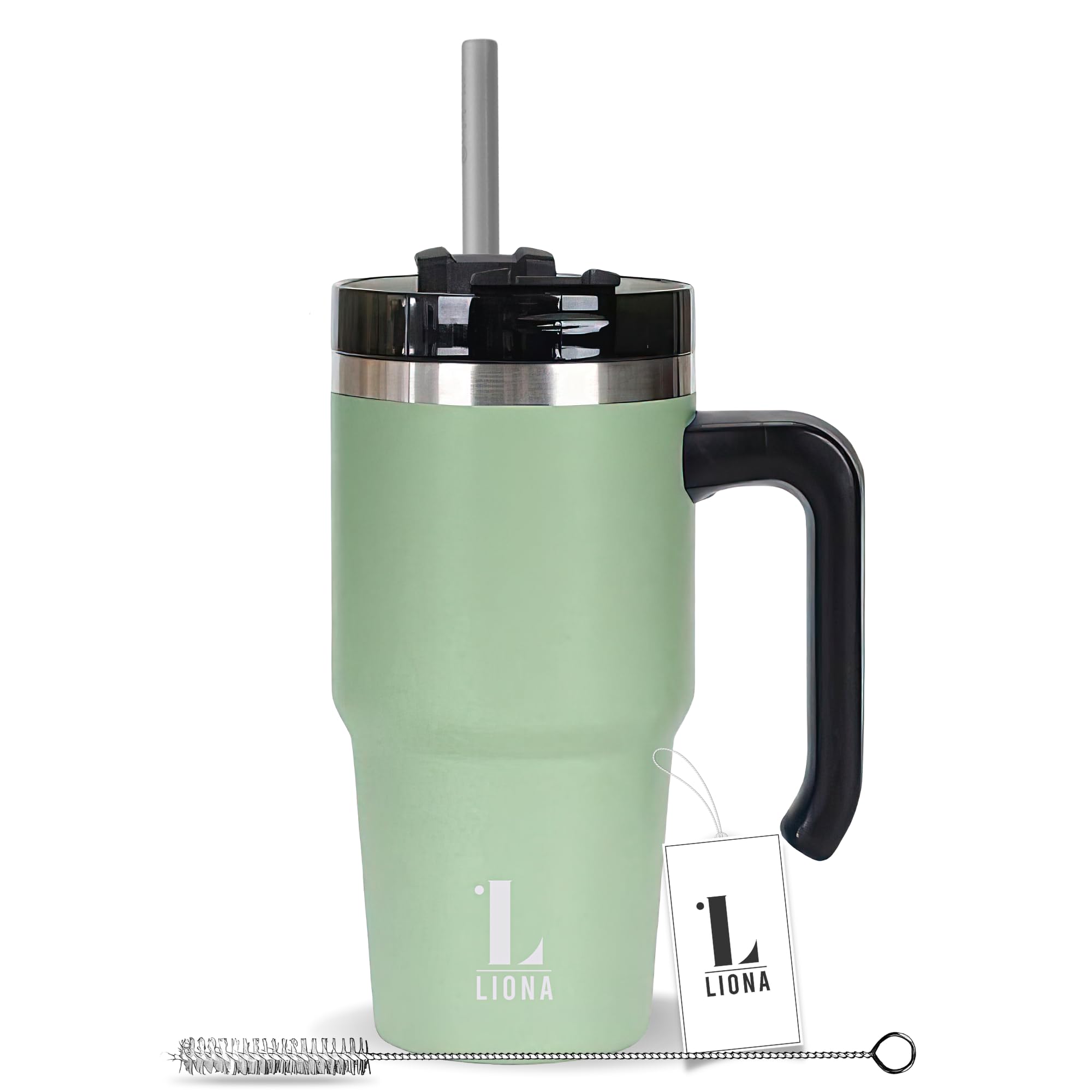 LIONA 600ml Double Wall Tumbler w/Lid and Straw, 304 Stainless Steel Straw Insulation Cup w/Straw Cleaner, Vacuum Thermal Coffee Cup - 12/24Hrs Hot and Cold Powder Coated Travel Mug (Green)