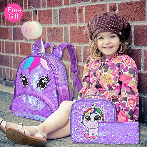 3Pcs Toddler Backpack For Girls, 12" Unicorn Sequin Preschool Bookbag And Lunch Box - Purple #TOP1