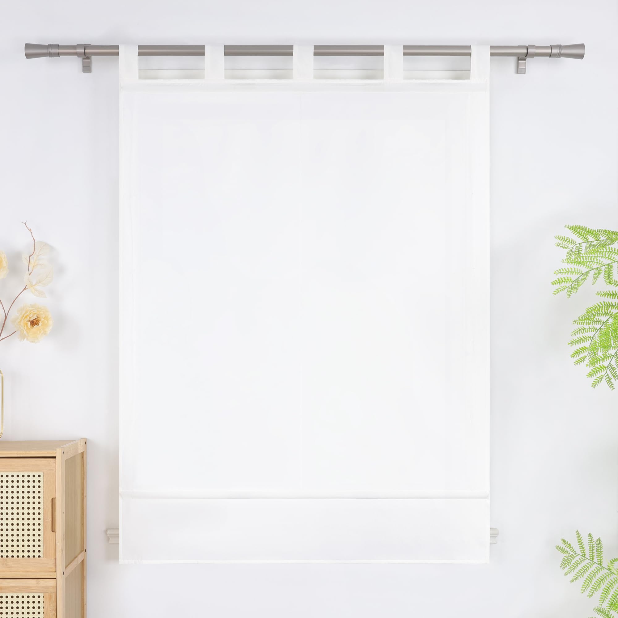 Store bateau pour cuisine et fenêtre - Couleur unie - Semi-transparent - Avec passants - En voile élégant - Translucide - Blanc - 120 x 140 cm