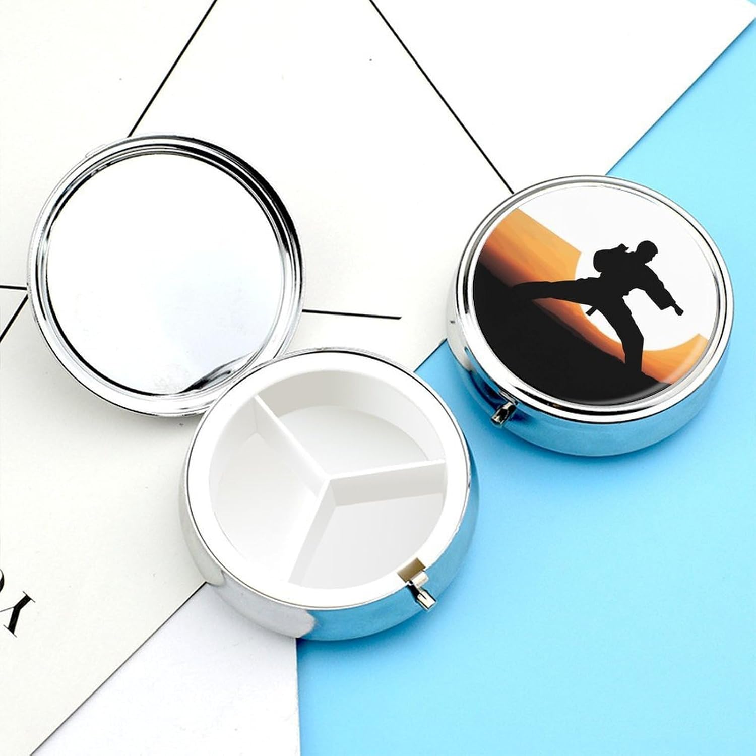 Round Silver Pill Box Small Pill Case for Purse and Pocket 3 Compartment