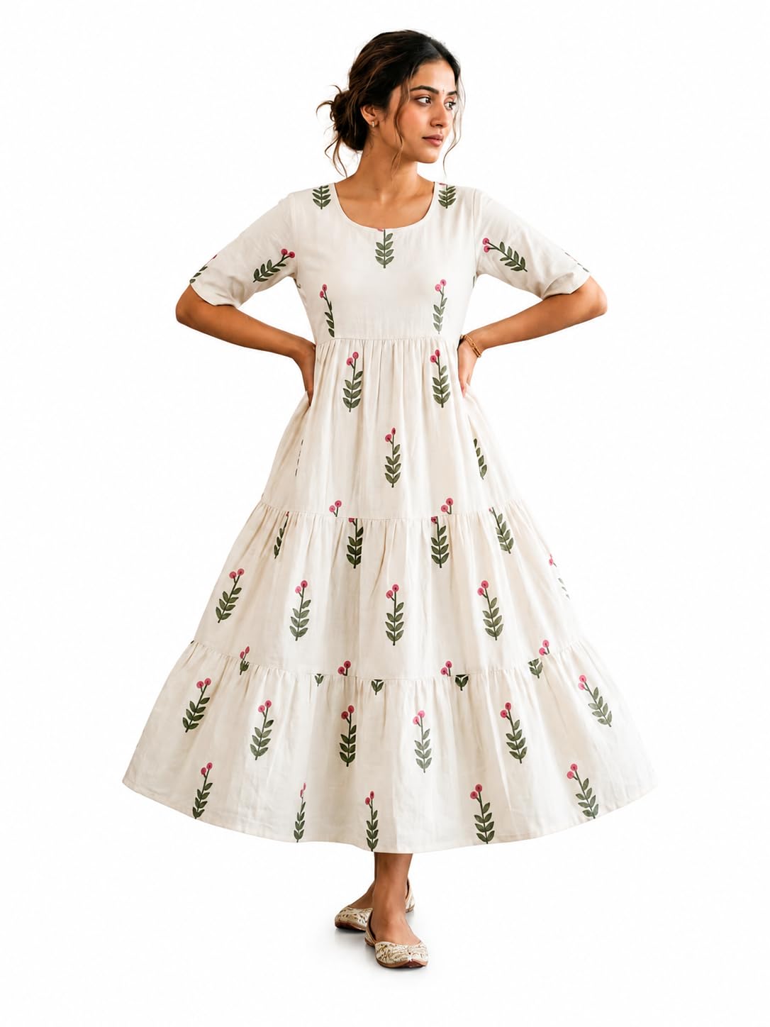 Women Cotton Tiered Maxi Dress | Floral Printed A-Line Long Dress | Round Neck Half Sleeve Casual Summer Midi Dress for Women-image-21