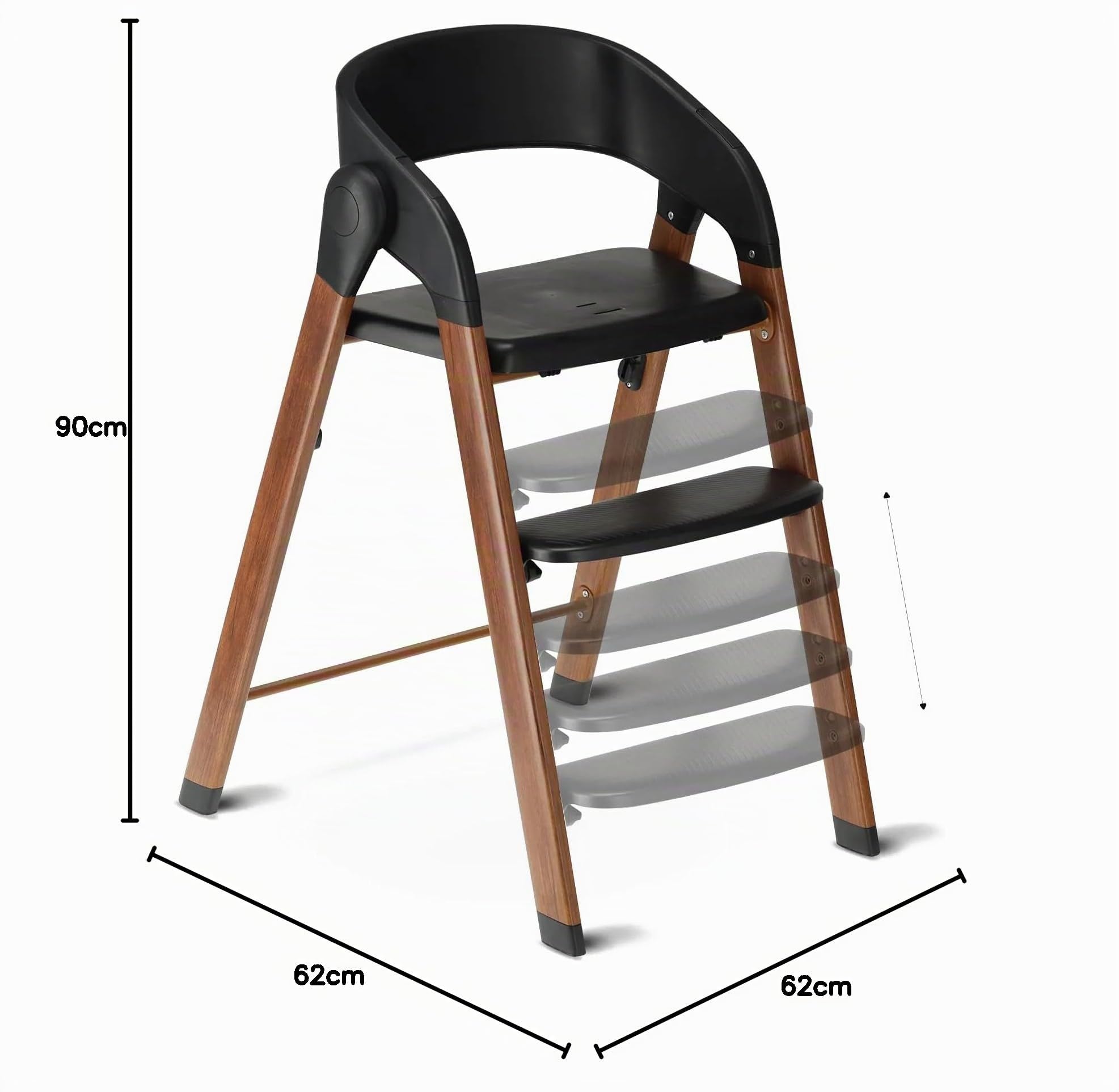Deryan Trona Evolutiva para Comida para Niños desde 6 meses a 4 años, Trona con Asiento Lavable, Arnés de 3 Puntos y Bandeja Desmontable, Cierre Compacto, Ligera (Negro/Madera)