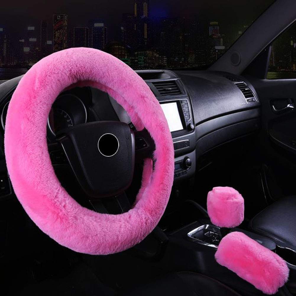 SHIAWASENA Warm Faux Wool Steering Wheel Cover with Handbrake Cover & Gear Shift Cover 3 Pcs Set (Pink)