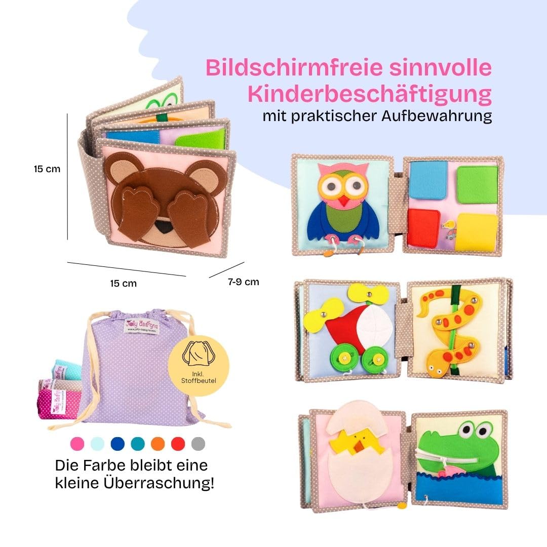 Jolly Designs – Mini Quiet Book Peek-a-Boo – Montessori Spielzeug ab 6 Monaten – Motorik & Sinneswahrnehmung fördern – Stoffbuch für Babys – Handgefertigtes Filzbuch – Perfekt für unterwegs & Reisen