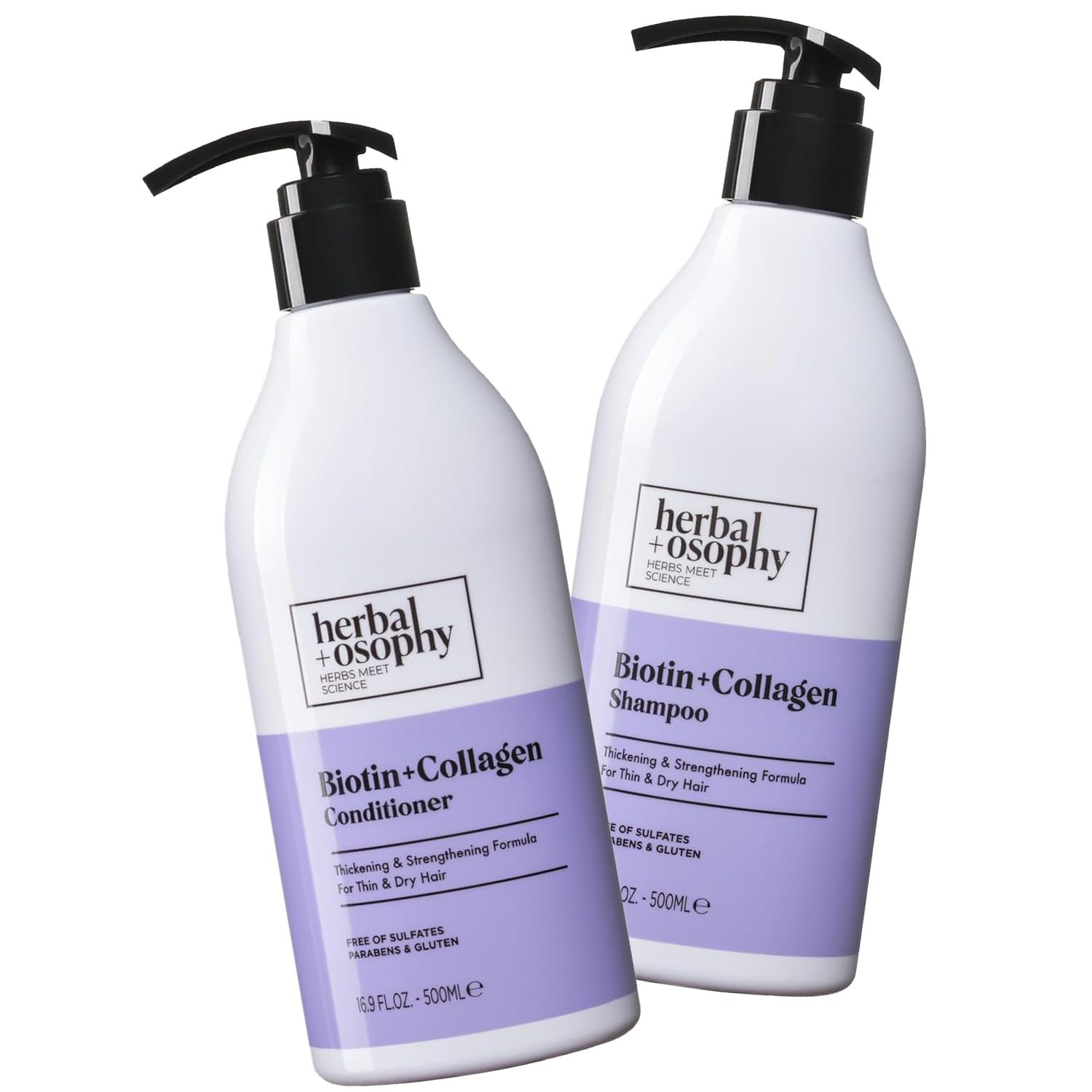 Herbalosophy Biotin & Collagen Shampoo & Conditioner Set, Hair Growth Thickening, Repair Dry, Damaged Hair Set, Infused with Vitamin B7 & Argan Oil, Sulfate, Parabens and Gluten Free, 2 x 16.9 Fl Oz