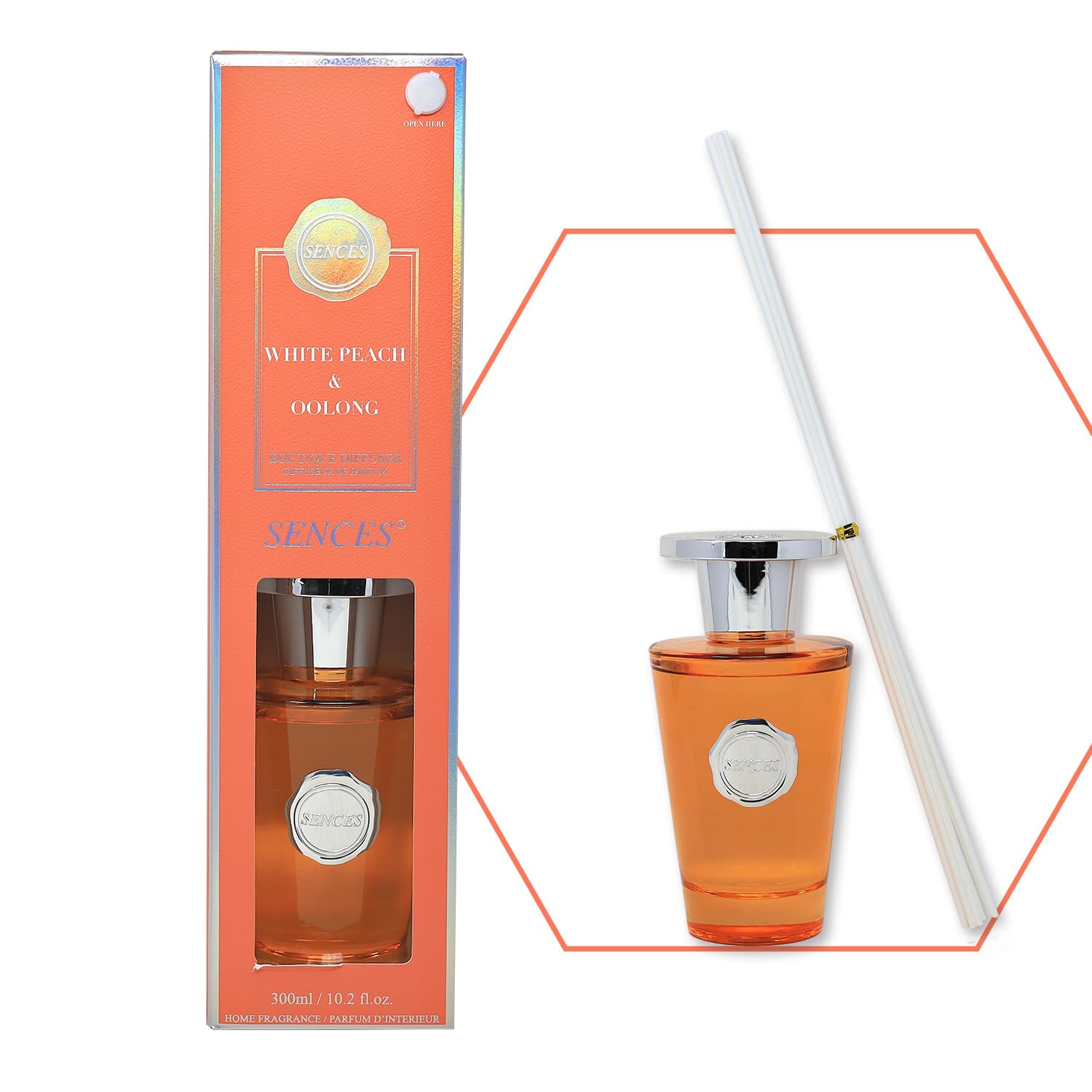 Sences Luxury Reed Diffuser 300ml - Scented with White Peach & Oolong, New Long-Lasting Natural Aroma, Premium Essential Oils, Elegant Glass Bottle, Ideal for Home, Office, and Spa, Fruity Fragrance