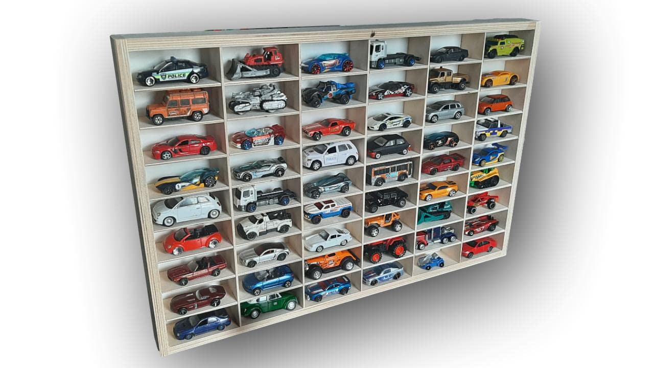 Regał samochodowy kompatybilny z samochodami Hot Wheels, magazyn zabawek, 54 drewniane przegródki do przechowywania biżuterii