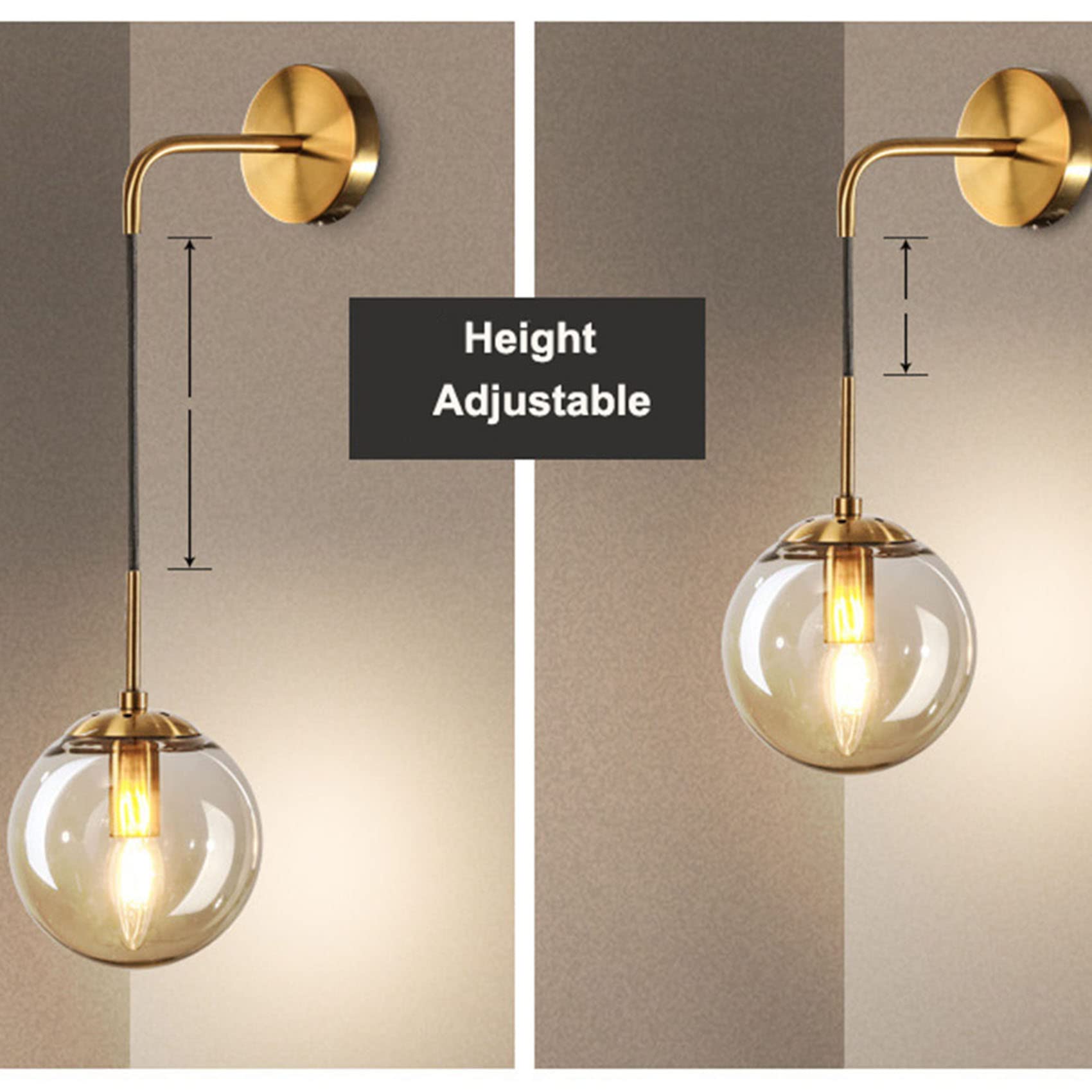 EKSED Lámpara de pared - Aplique de cristal para interior con accesorios de metal dorado y casquillo para bombilla E27 para dormitorio, salón, comedor
