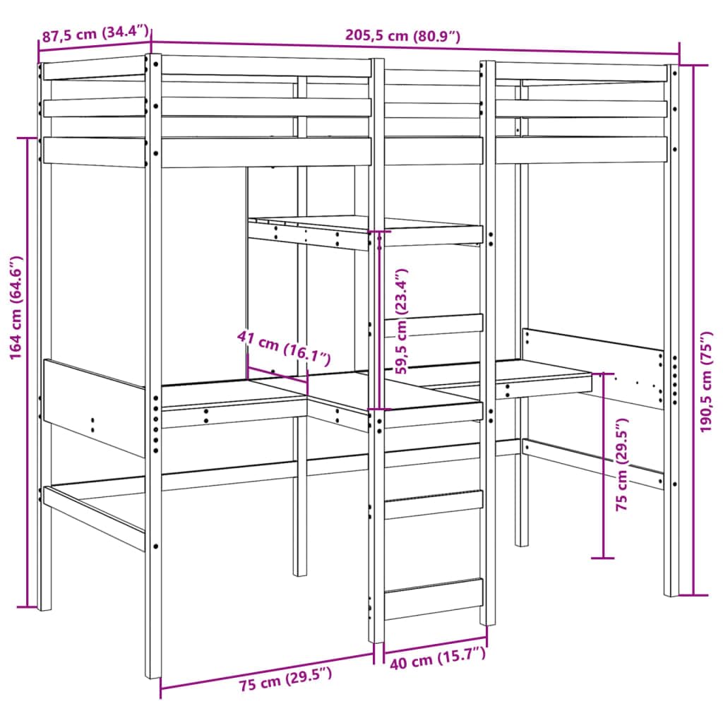 Cama Alta de Madera Maciza de Pino marrón Cera 80x200 cm con Estructura Resistente, Base de Listones, barandillas, Escalera incorporada, Almacenamiento Debajo