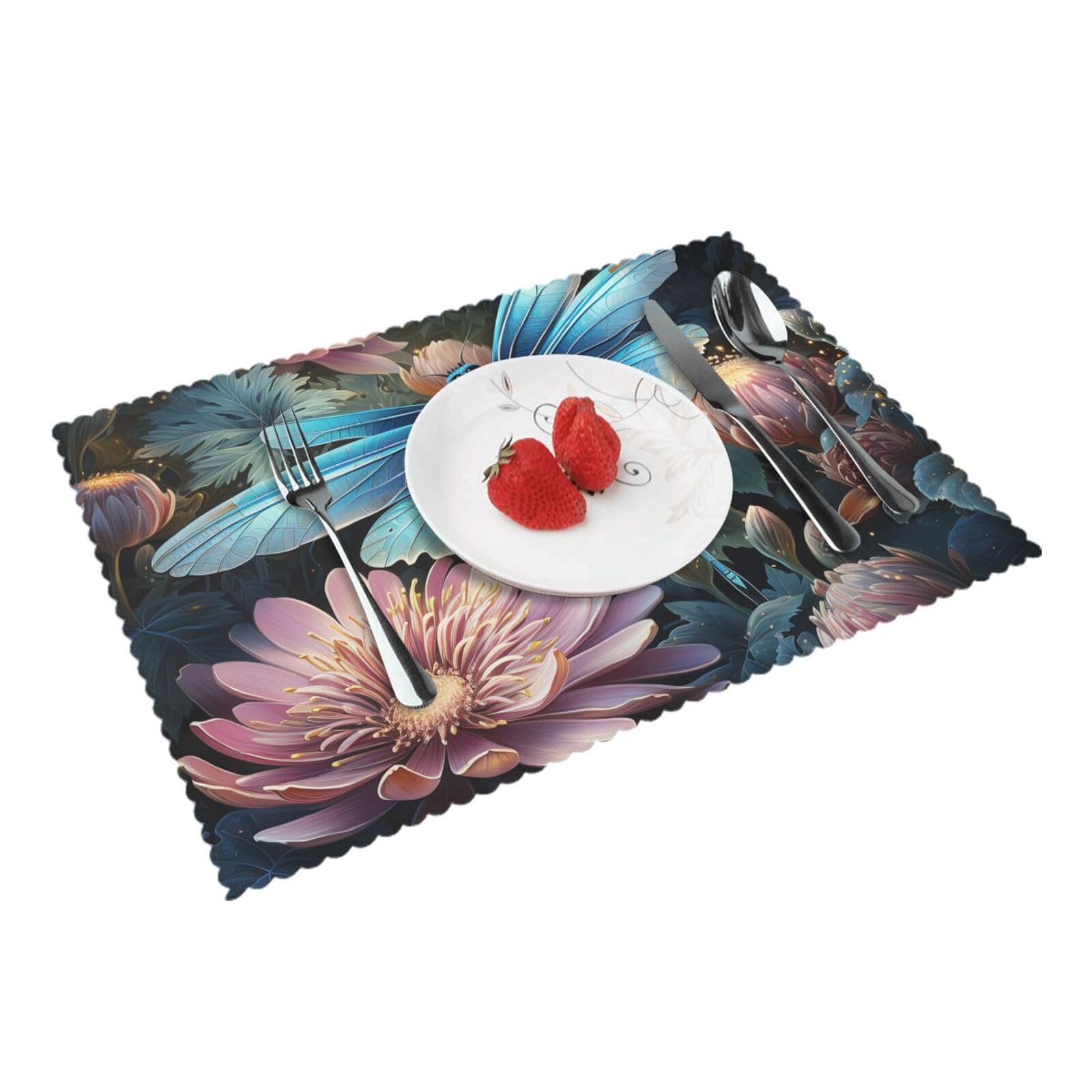 Placemats Set of 4 Heat Resistant Woven Place Mats for Dining Table Water lily and dragonfly Placemats Washable Wipeable PVC Table Mats Indoor/Outdoor Place Mats for Party Kitchen Decor 30x45 cm