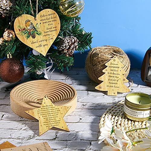 Yalikop 3 Pieces Memorial Wood Christmas Ornaments Tree Star Heart Shape Baubles in Heaven Wooden Hanging Decorations for Xmas Decors, Styles