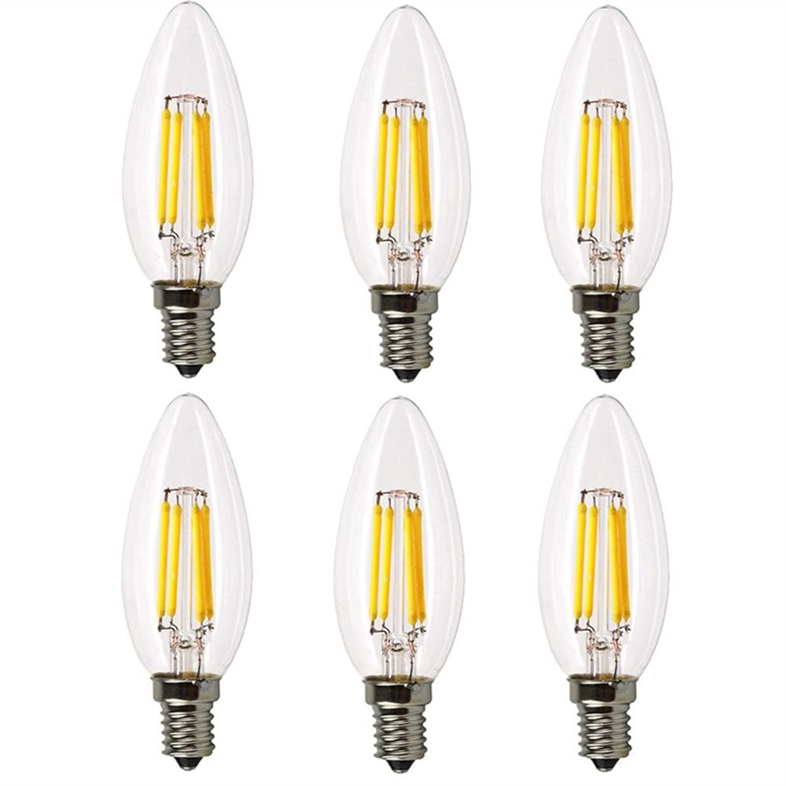 Welsun White 12V E14 Led Bulb, 400Lm 2700K 40-Watt Equivalent Bulbs, C35 Clear Glass Torpedo Shape Bullet Top, Candelabra Led Bulbs (6-Pack)