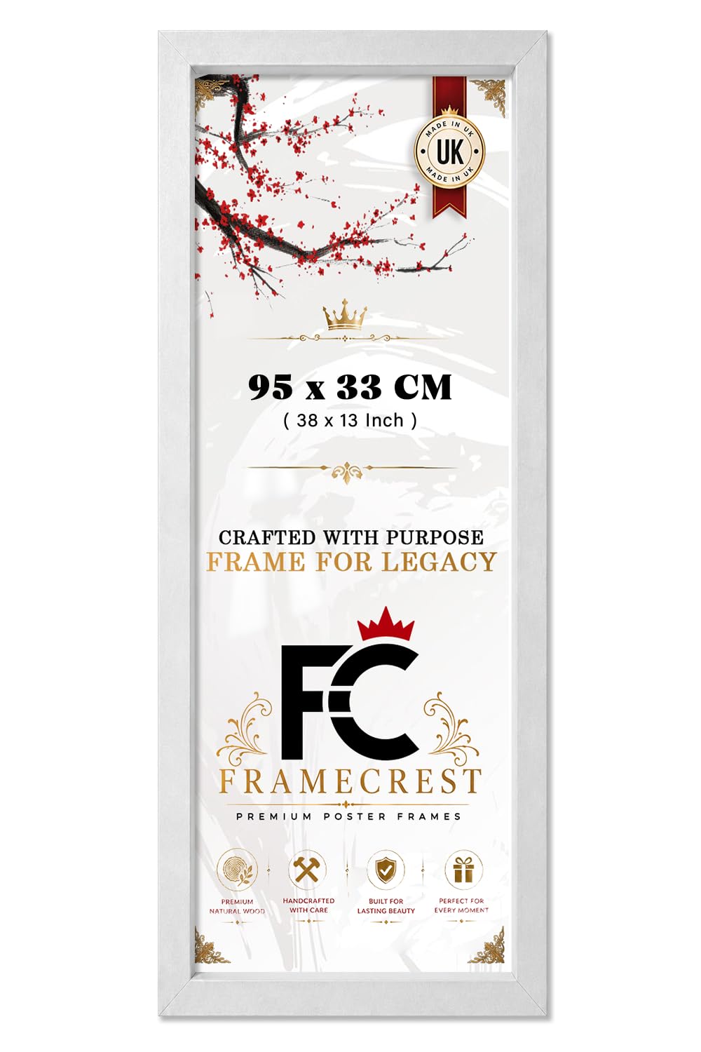 FRAMECREST LTD — 33x95cm Poster Frame, Panoramic Picture Frame, Solid Engineered Wood With Hanging Hooks, Portrait Or Landscape Display, Wall Art, 95 x 33 CM (38 x 13 Inch) - [Light Grey]