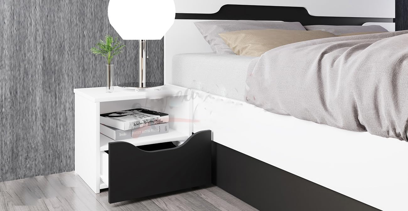 Camera da Letto Completa con Armadio a 4 Ante Battenti Letto Matrimoniale Contenitore con 2 Comodini Set Arredo Camera Moderno Bianca e Nera CDLI7013 (camera + rete + materasso)