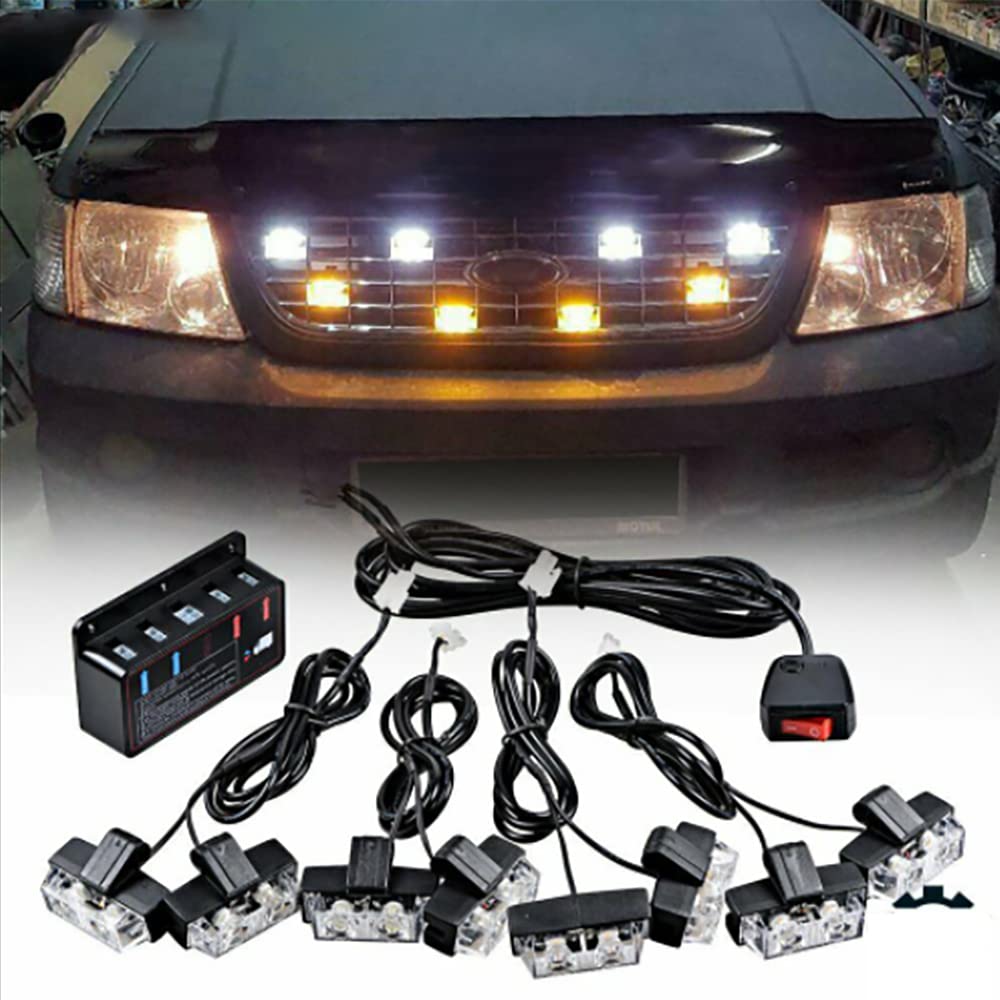 12-24V 16 LED Grille Avant Stroboscopiques pour Véhicule Voiture Moto, ABS Flash Avertissement d'Urgence Barres Lumineuse Style Clignotant Lampes Ambre&Blanc