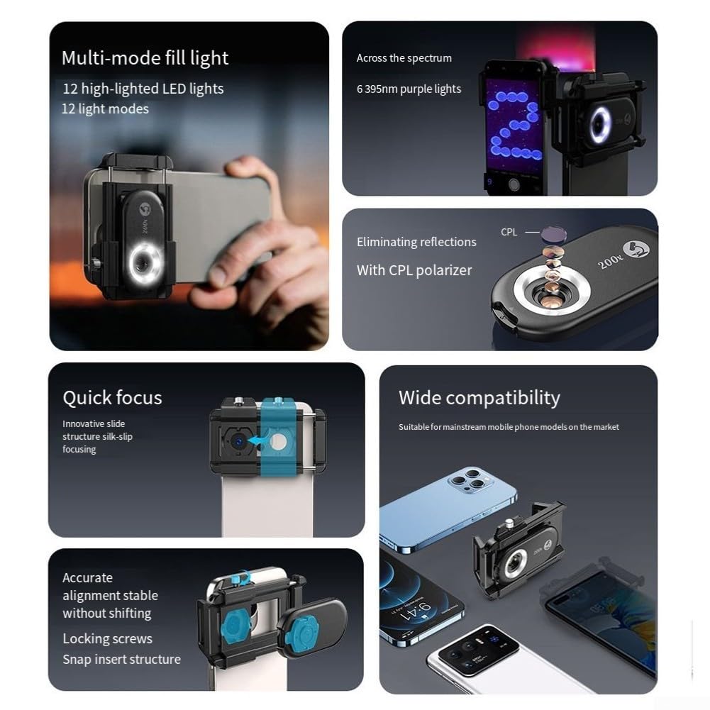 Apexel Mobiles Mikroskop, High-Definition, 200-fach mit LED-Licht für Schmuck-Relikte, zum Anklippen, UV-Dreifache Vergrößerung