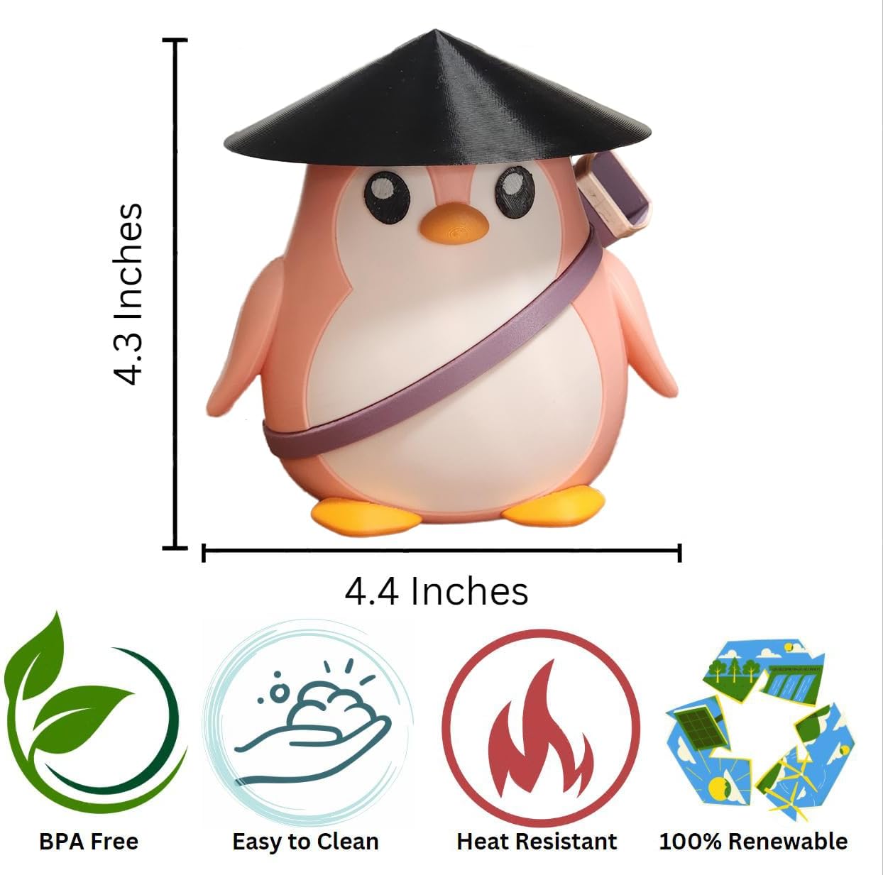 Customizable Samurai Penguin Utensil Tool Holder 3D Printed PLA - BPA-Free, Heat Resistant for Kitchen and Office (Samurai: Pink Body, Black Hat, Black Sash)