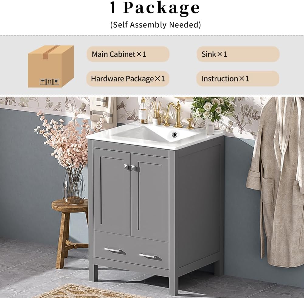 24 Inch Bathroom Vanity with Sink, Modern Bathroom Vanities 24" with Sink, Solid-Wood MDF Cabinet Ceramic Sinks 3 Faucet Holes, Soft-Close Door with Shelf, Divider Drawer, Easy Assembly (24",Gray)
